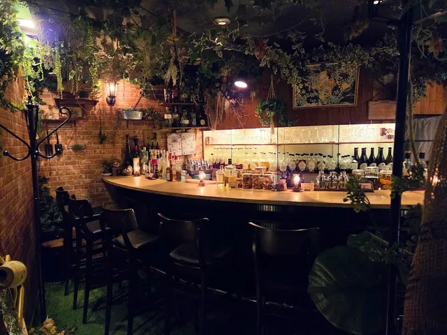 בר מעוקל עם כיסאות גבוהים, קירות לבנים וצמחים תלויים מהתקרה