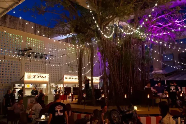 חצר לילית עם עץ גדול, שרשרות נורות, דוכני אוכל ואנשים יושבים