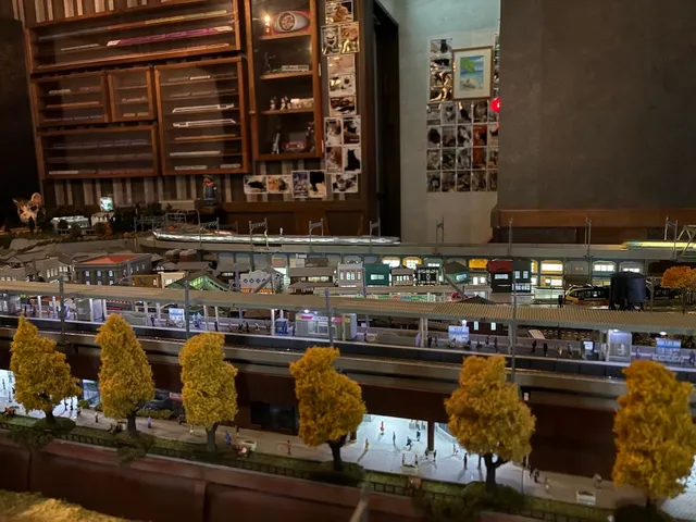 דגם רכבת מואר עם עצים צהובים, מול ארונות תצוגה מעץ